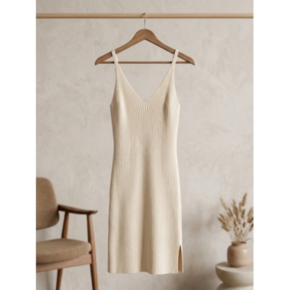 FORE Womens Sleeveless Ribbed Dress Size S Cream V-Neck Mini Minimalist